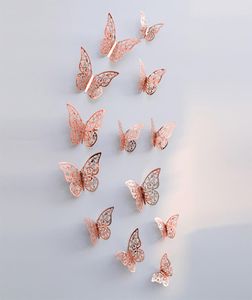 12pcSset Stick Rose Gold 3D Hollow Butterfly Wall Sticker for Home Decor Butterflies Autocollants Décoration de chambre pour la fête Décor de mariage5426889