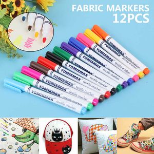 12pcsWatercolor Brush 12pc / set Marqueur Coloré Permanent Tissu DIY Design Stylos Pour T-shirt Vêtements Enfants École Peinture Outil P230427