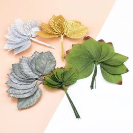 12pieces bricolage de la feuille artificielle fleur de soie Broche de mariée feuilles vertes pour la fête de mariage décoration scrapbooking artisanat fausse fleur