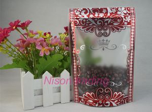 12x20 cm 100 unids/lote bolsa ziplock de plástico transparente mate de pie con estampado de flores plateadas, saco de poliéster en grano de café, bolsa con borde rojo caramelo