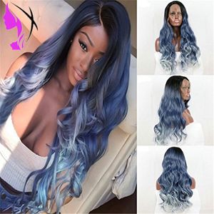 13*4 Body Wave Lace Front Synthetic Wigs Ombre Azul Brasileño Cabello brasileño para mujeres negras 150% Coslay Party Wig