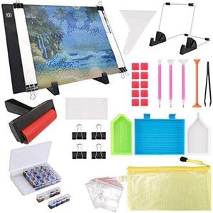 133PCS 5D Herramientas de pintura de diamantes A4 Kit de almohadilla de luz LED, rodillo de tablero de brillo de luz regulable DIY y caja de bordado FD 201112