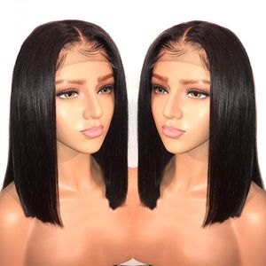 13x6 Lace Front Human Hair Wigs For Women Short Bob Brazilian Remy Black Blunt Cut 150 Density PrePlucked Full End