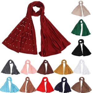 14 colores 170*60cm Jersey liso con cuentas Hijab envoltura de cabeza suave Modal algodón Islam chales perla Maxi bufanda larga diadema musulmana