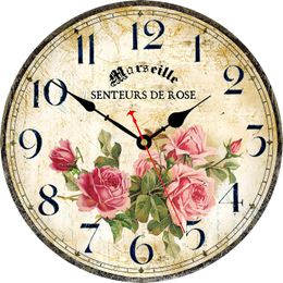 Horloge murale ronde en bois à mouvement à Quartz silencieux et sans tic-tac de 14 pouces, décoration d'intérieur à piles, Vintage français Floral