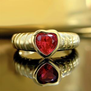 Anillo de rubí con corazón de oro de 14 quilates, 100% Plata de Ley 925 auténtica, anillos de banda de boda para fiestas para mujeres y hombres, joyería de compromiso, regalo de cumpleaños
