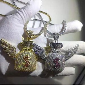 14K Gold Iced Out Wings Money Bag pendentif Bling Micro Pave Cubic Zirconia Simulé Diamants Dollar Sign 3mm 24inch Tennis Chain