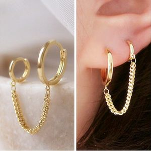 Pendientes colgantes de círculos perforados dobles de plata chapada en oro de 14 quilates, pendientes con Clip, pendientes de cadena, joyería para oreja, precio al por mayor