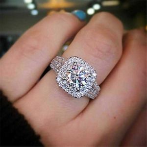 Anillo de diamante de oro blanco de 14K para mujer Anillos cuadrados Bizuteria boda bague diamant piedra preciosa diamante blanco joyería anillo niñas Y0611