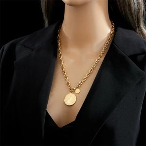 Collier rond en forme de pièce de monnaie en or jaune 14 carats, style Hip Hop, pour femmes et hommes, tendance, bijoux pour filles, cadeau