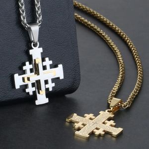 Colliers avec pendentif croix de jérusalem en or jaune 14 carats pour femmes et hommes, chaînes de la sainte Bible, bijoux religieux médiévaux, cadeau