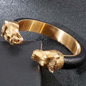 Bracelets ouverts tête de Lion en or jaune 14 carats pour hommes, Bracelets en cuir élastiques réglables, accessoires à main pour garçons, bijoux