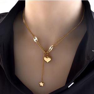 Collares largos de oro amarillo de 14k con forma de corazón de amor para mujeres y niñas, gargantilla con cadena colgante de estrella, regalo dulce para el Día de San Valentín