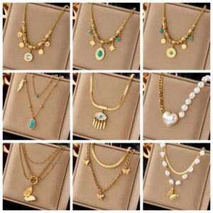 Collier avec pendentif en or jaune 14 carats, perle, cœur, papillon, pierre verte, Vintage, chaîne pour filles, bijoux cadeaux