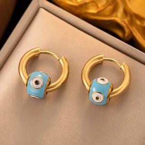 Pendiente de aro con bola de ojo turco de oro amarillo de 14k para mujer y niña, aretes esmaltados a la moda, regalo de joyas de fiesta