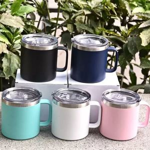 Bouteilles de tasses à café de 14 oz Gobelets avec couvercle à poignée Gobelet de voyage en acier inoxydable Tasse à revêtement en poudre à double paroi Récipient de camping isolé sous vide