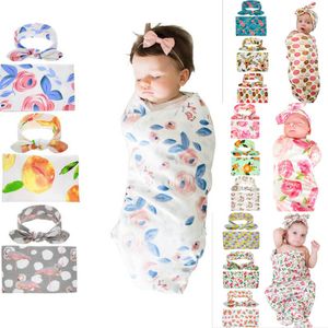 15 estilos Niños Muselina Swaddles Ins Wraps Mantas Ropa de cama de guardería Recién nacido Algodón orgánico Ins Estampado floral Swaddle + Diadema conjuntos de dos piezas