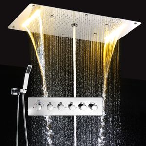 Ensemble de douche 15 '' x 27 '', pomme de douche à LED, colonne de cascade de pluie, pomme de douche encastrée au plafond, thermostatique, 5 voies, vanne de dérivation à haut débit