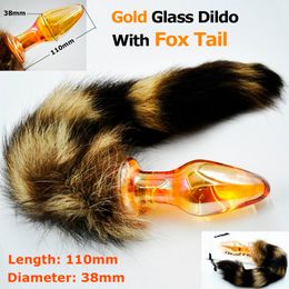 151204 Gold crystal butt plug pyrex glass Anal dildo con fox cat tail Adulto disfraz juego juguete sexual producto para mujeres hombres masturbación
