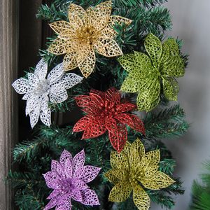 Flor de mariposa de plástico de Navidad hueca artificial de diferentes colores de 15cm con ratán en polvo pegajoso para decoración navideña