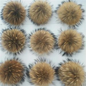 Grand pompon en fourrure de raton laveur naturelle, 15cm, boule avec bouton sur chapeau, breloque pour sac, porte-clés, accessoires de bricolage, 317U