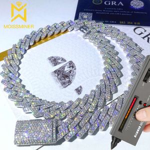 15 mm 2 rangées Moissanite Square Cubaine Chaîne Iced Out Colliers Men Sier Choker For Women Pass Tester Diamonds avec GRA