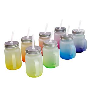 15OZ Sublimación Gradiente Color Mason Jar Vidrio esmerilado DIY Transferencia de calor Mason Vasos Taza Cerveza Tazas con tapas y pajitas