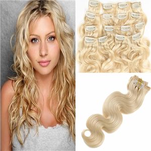 Clip dans les extensions de cheveux de vrais cheveux humains 16 pouces 7pcs ondulés Dirty Blonde to Bleach Blonde Highlight Hair Extensions Clip ins Épais Double Trame