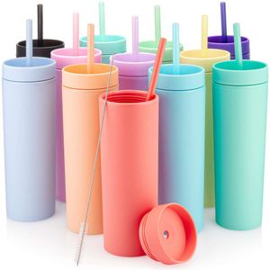 Gobelet maigre multicolore de 16 oz avec couvercle et paille Gobelets de couleur pastel mat Gobelets en plastique double couche Tasses réutilisables Cadeaux pour boissons chaudes froides FMT2170