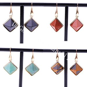 Boucles d'oreilles pendantes en cristal de quartz à facettes pyramide carrée de 16 mm pour femme, améthyste naturelle, aventurine, obsidienne, œil de tigre, pierre de sodalite, ton doré, boucles d'oreilles pendantes