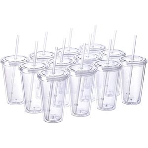 16 oz Clear acrílico transparente con tapa de paja de paja Double pared taza reutilizable con biberadora de agua de cono ecológica para fiestas de soltera