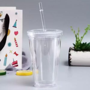 Vasos de plástico de 16 oz, vaso de jugo transparente de acrílico de doble pared con tapa y taza de café con pajita, tazas transparentes DIY al por mayor