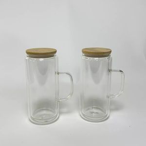 Vasos de vidrio con forma de globo de nieve pretaladrados de 16 oz con asa, tapa de bambú, paja, doble pared, vasos sin sublimación, vaso transparente en blanco con brillo, taza de café