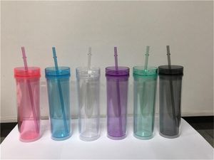 Vaso de acrílico delgado de 16 oz vaso de plástico transparente aislado de doble pared con tapa y pajita reutilizable para beber para fiesta v01