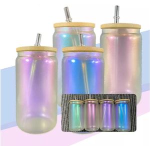 Almacén local 16 oz Sublimación Vaso de vidrio iridiscente Vasos con tapa de bambú Tarro de transferencia térmica Taza de café Tazas para beber A02