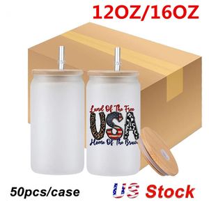 Jarra de vidro de sublimação faça você mesmo do armazém americano 12 onças 16 onças copo de vidro para café gelado com tampa de bambu e canudo caneca de água copos de coquetel para passeio copo de viagem 0629