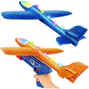 Aviones de juguete grandes de 17,5 pulgadas con lanzador, 2 modos de vuelo, aviones planeadores de espuma con luz LED, juguete volador al aire libre, 2 aviones