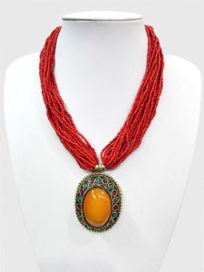 18 '' Collier de plusieurs couches de perles rouges ethniques pendentif Ambre Tibétain BIJOUX oyzz-0011