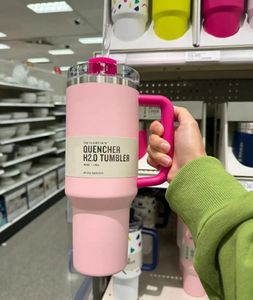 Stock de EE. UU. Pink Flamingo Watermelon Moonshine H2.0 Vasos de acero inoxidable de 40 oz Tazas con mango de silicona Tapa y tazas de coche con pajita Sigue bebiendo botella de agua fría GG1226