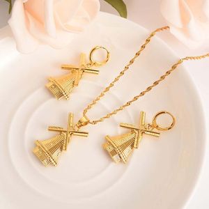 18 K jaune solide G/F or moulin à vent pendentif collier boucles d'oreilles Hollande fête traditionnelle mariage mariée souvenir bijoux cadeau