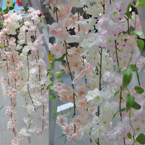 180 cm de largo Sakura Flor de cerezo Flores artificiales de ratán para fiesta en casa Decoración de boda Seda Ivy Vine Guirnalda colgante de pared