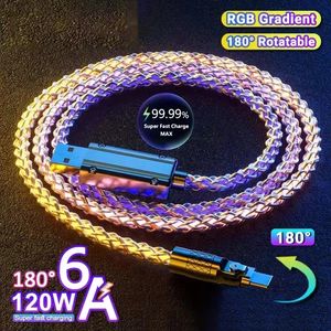 180 ° Rotatable RGB Colorful 120W USB Type C Data Cable 6A Fast Charging Cord For Xiaomi Samsung S24 Huawei Quick Charge Cable