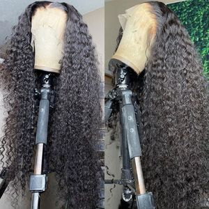 Pelucas de cabello humano de simulación rizada de densidad 180D Pelucas delanteras de encaje de onda de agua brasileña para mujeres negras Peluca frontal sintética de onda profunda de color negro prearrancado