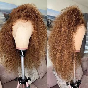 Peluca de cabello humano rizado de Color marrón de densidad 180 para mujer, peluca Frontal de encaje HD con reflejos negros/rubio, peluca sintética Remy 360 con encaje completo