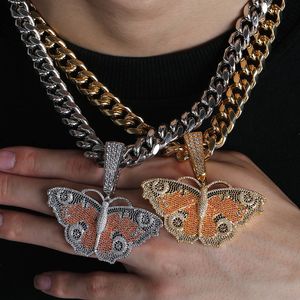 Oro de 18 quilates y oro blanco CZ Cublic Zirconia Iced Out Big Butterfly Colgante, collar Hip Hop Cuban Curb Chain para hombres Joyería Regalos al por mayor