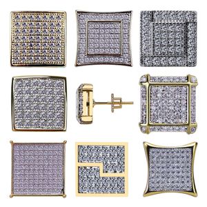 18K Gold Hip Hop CZ Zircon Square Earring Studs 0.7-1.6cm para hombres y mujeres Regalos Iced Out Diamond Stud Pendientes Punk Rock Rapper Jewelry