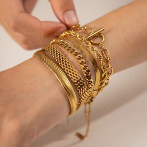 Ensemble de bracelets en acier inoxydable plaqué or 18 carats Bracelet chaîne cubaine Miami Bracelet empilable serpent plat pour femmes et hommes