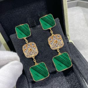 Pendientes colgantes de trébol de cuatro hojas chapados en oro de 18 quilates, joyería clásica Vintage Simple de Jade verde de malaquita de lujo Premium para mujer