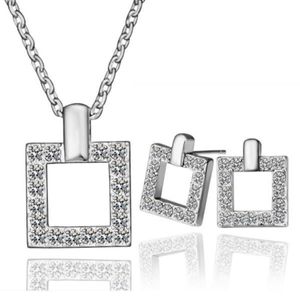 Ensemble de bijoux carrés plaqués platine 18 carats pour femmes, colliers et boucles d'oreilles avec pendentif en cristal autrichien, 313v