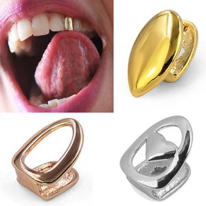 18K Or Réel Creux Dents Simples Grillz Bretelles Punk Hiphop Bouche Dentaire Fang Grills Dent Cap Cosplay Costume Halloween Party Rappeur Corps Bijoux Cadeau En Gros